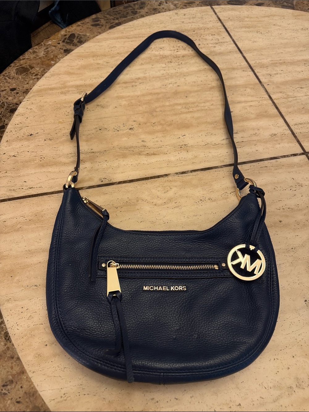 Michael Kors Dark Navy Pebbled Leather Shoulder Bag with Gold Hardware